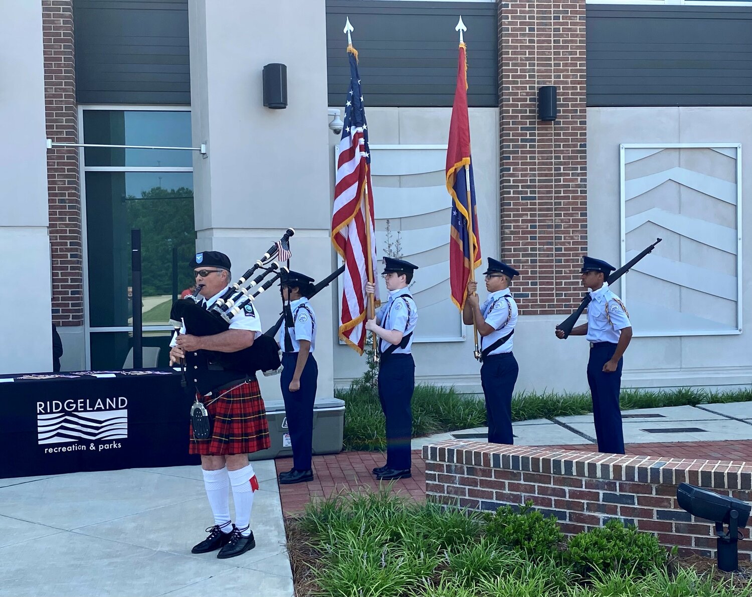 Pictured are the Ridgeland High School AFJROTC Color Guard presenting the flags.